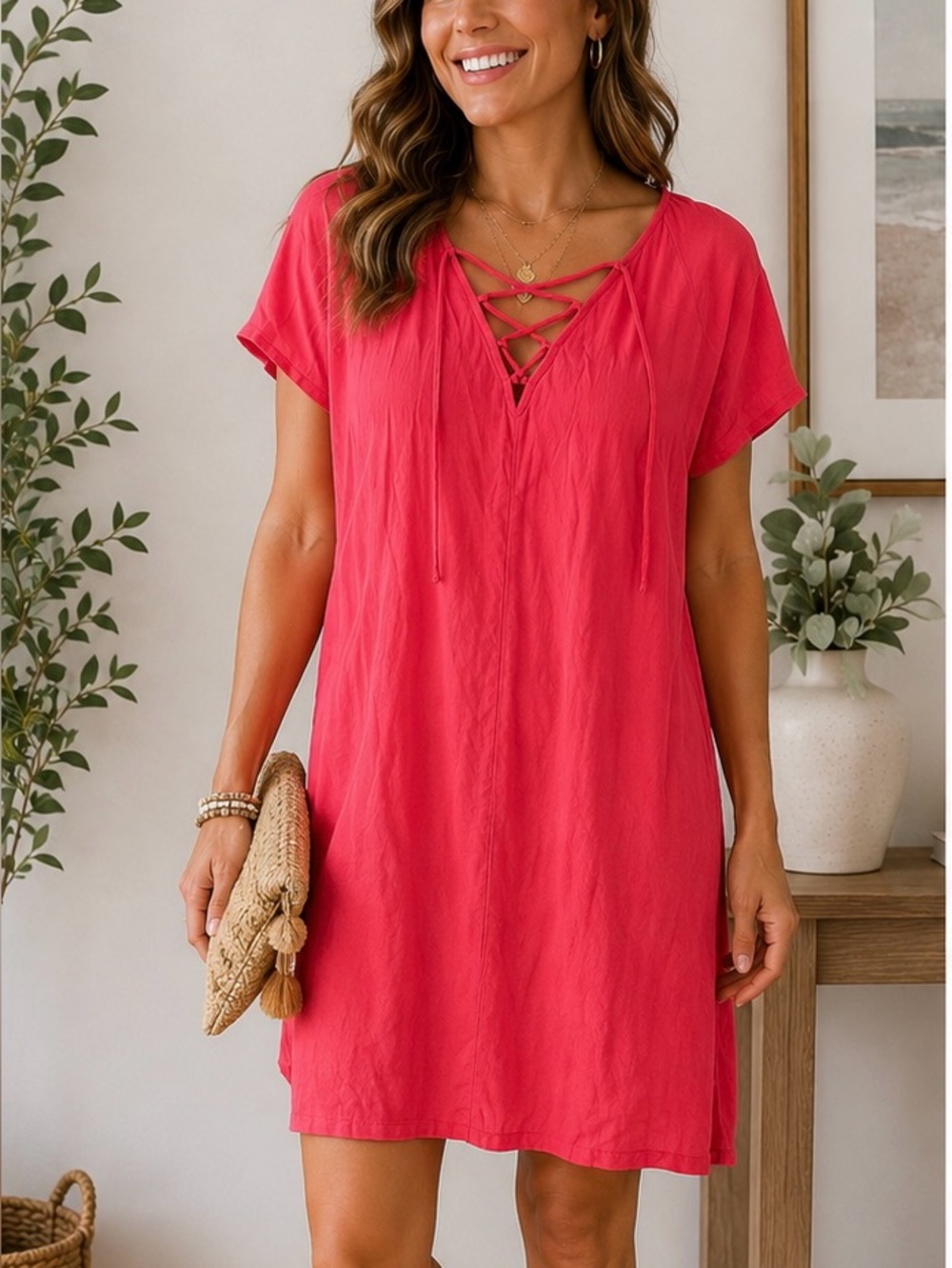 Madewell Pink Lace-Up Shift Dress 100% Viscose Size Medium